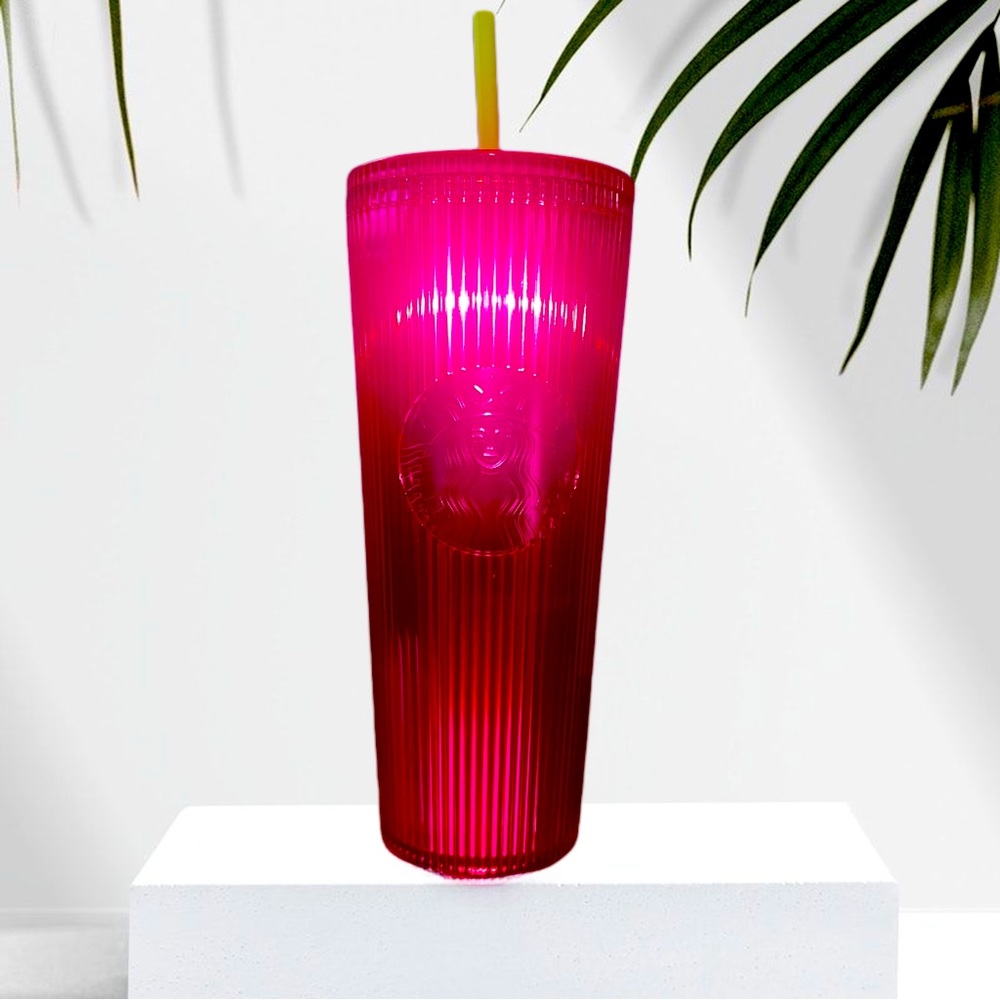 Starbucks Summer 2023 Dragonfruit Neon Pink Striped Venti Tumbler Cup